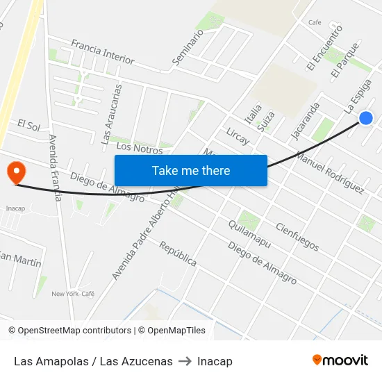 Las Amapolas / Las Azucenas to Inacap map