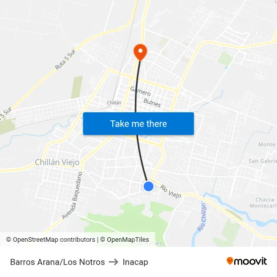 Barros Arana/Los Notros to Inacap map