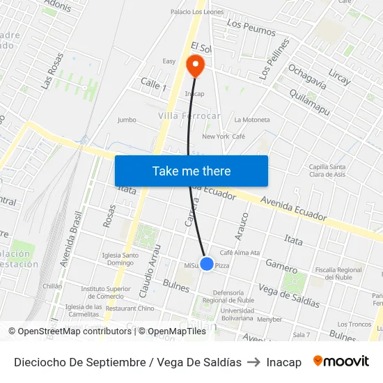 Dieciocho De Septiembre / Vega De Saldías to Inacap map
