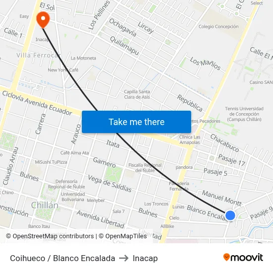 Coihueco / Blanco Encalada to Inacap map