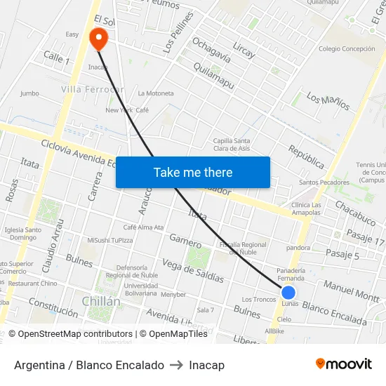 Argentina / Blanco Encalado to Inacap map