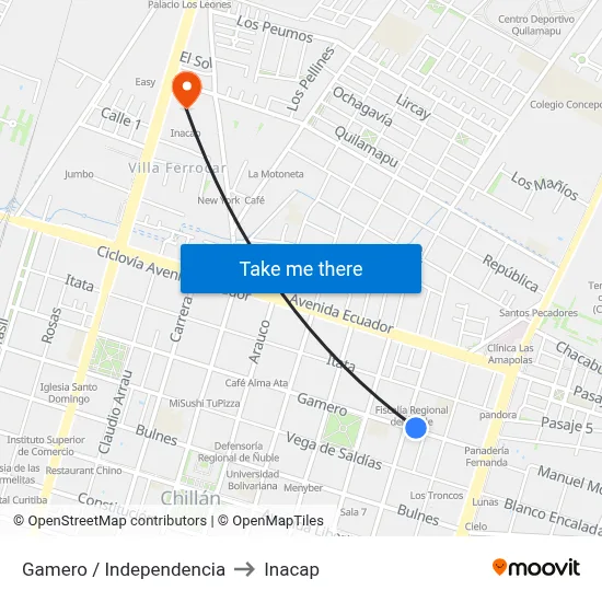 Gamero / Independencia to Inacap map