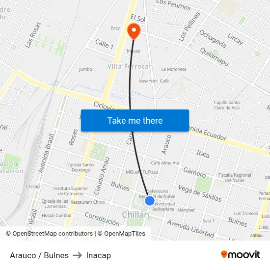 Arauco / Bulnes to Inacap map