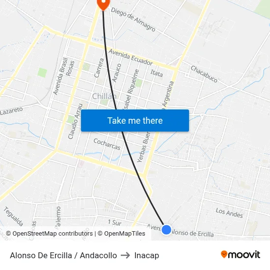 Alonso De Ercilla / Andacollo to Inacap map