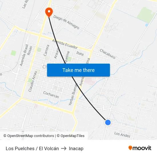 Los Puelches / El Volcán to Inacap map