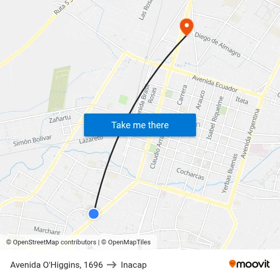 Avenida O'Higgins, 1696 to Inacap map