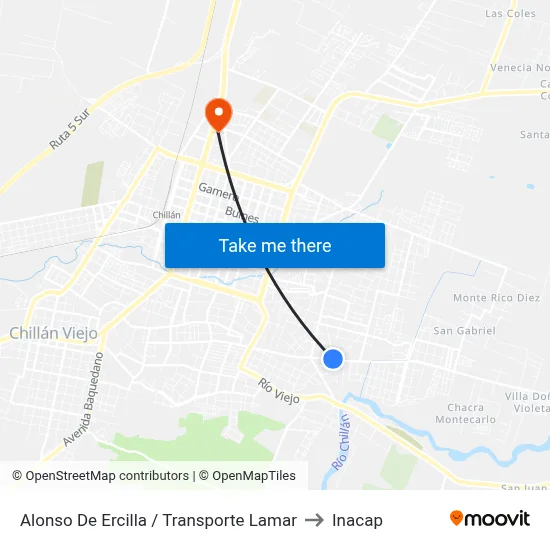 Alonso De Ercilla / Transporte Lamar to Inacap map