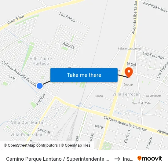 Camino Parque Lantano / Superintendente Urbano Dubosc to Inacap map