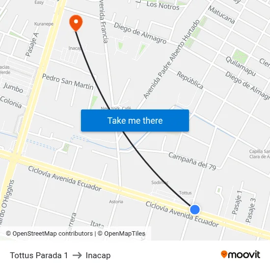 Tottus Parada 1 to Inacap map