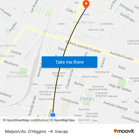Maipón/Av. O'Higgins to Inacap map