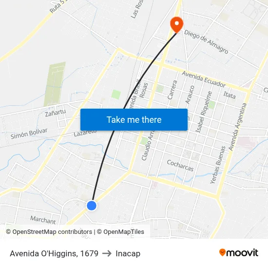 Avenida O'Higgins, 1679 to Inacap map