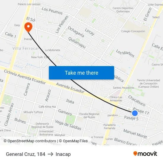 General Cruz, 184 to Inacap map
