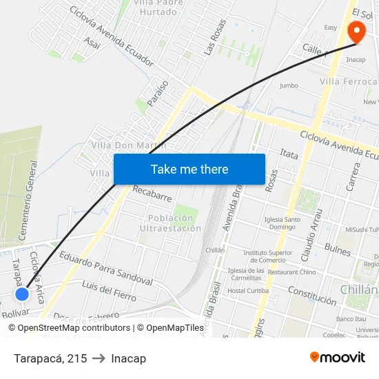 Tarapacá, 215 to Inacap map