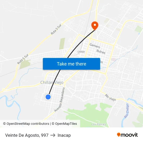 Veinte De Agosto, 997 to Inacap map