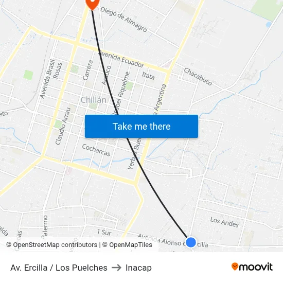 Av. Ercilla / Los Puelches to Inacap map