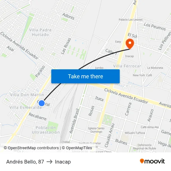 Andrés Bello, 87 to Inacap map