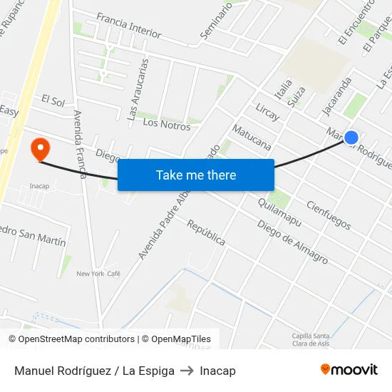 Manuel Rodríguez / La Espiga to Inacap map