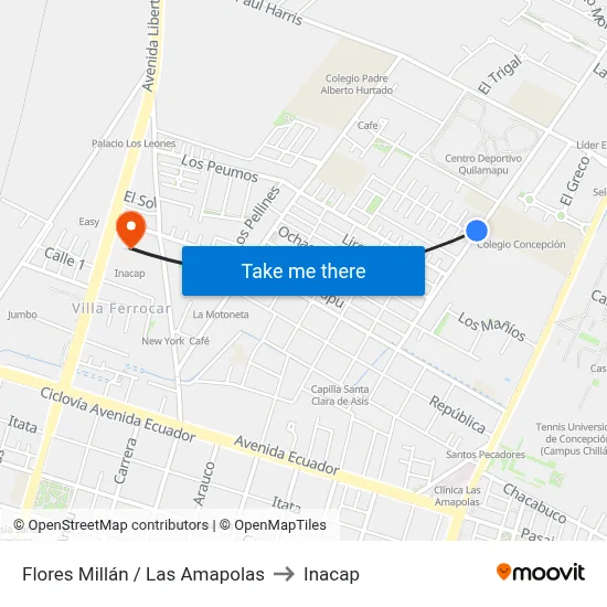 Flores Millán / Las Amapolas to Inacap map