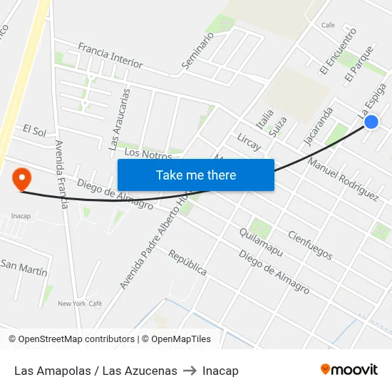 Las Amapolas / Las Azucenas to Inacap map