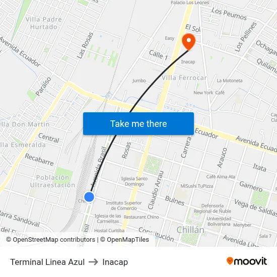 Terminal Linea Azul to Inacap map