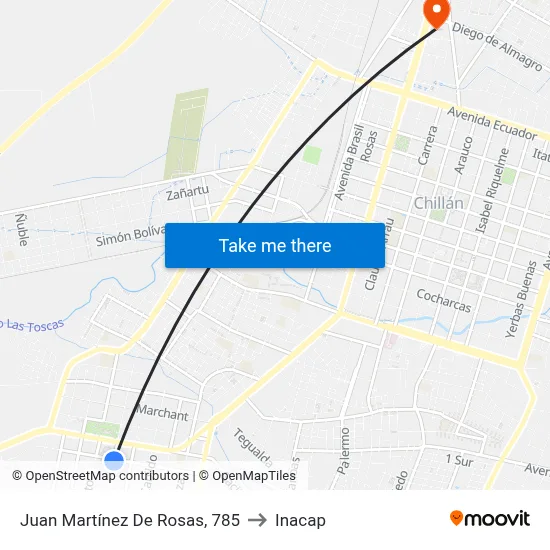 Juan Martínez De Rosas, 785 to Inacap map