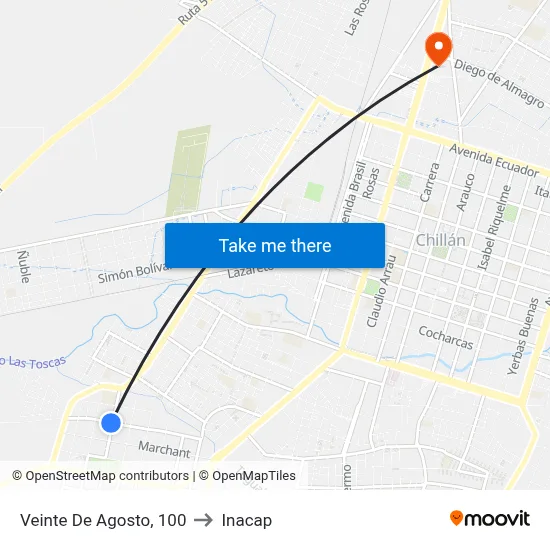 Veinte De Agosto, 100 to Inacap map