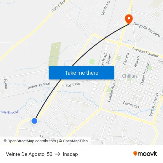 Veinte De Agosto, 50 to Inacap map