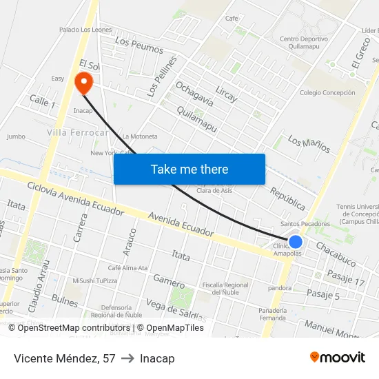 Vicente Méndez, 57 to Inacap map
