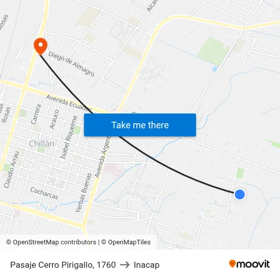 Pasaje Cerro Pirigallo, 1760 to Inacap map