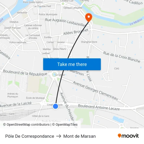 Pôle De Correspondance to Mont de Marsan map