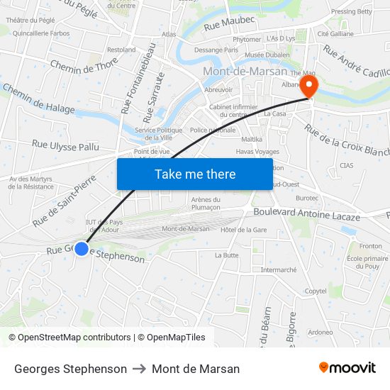 Georges Stephenson to Mont de Marsan map