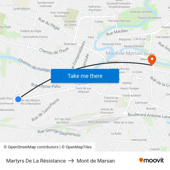 Martyrs De La Résistance to Mont de Marsan map