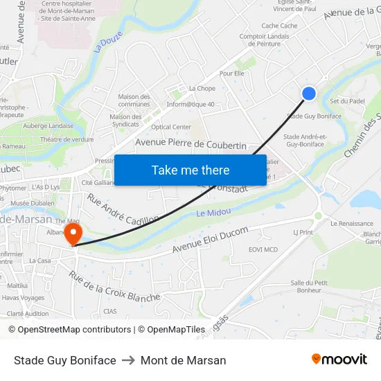 Stade Guy Boniface to Mont de Marsan map