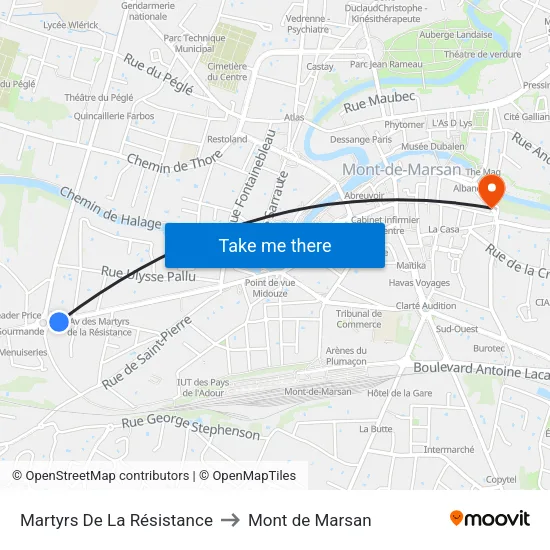 Martyrs De La Résistance to Mont de Marsan map