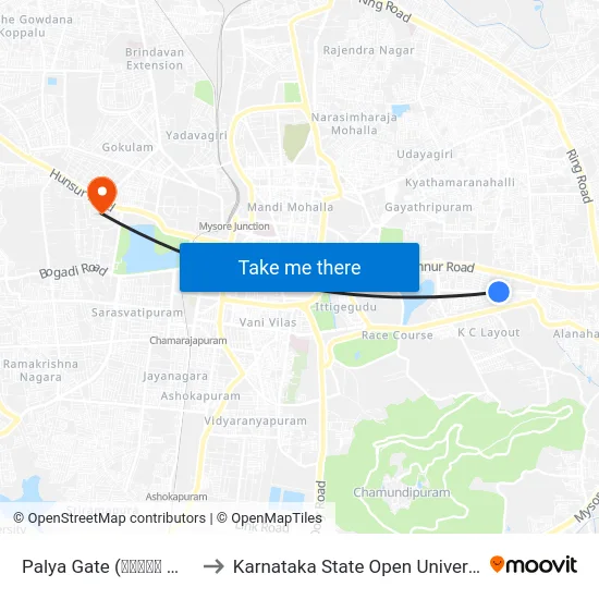 Palya Gate (ಪಾಳ್ಯ ಗೇಟ್) to Karnataka State Open University map