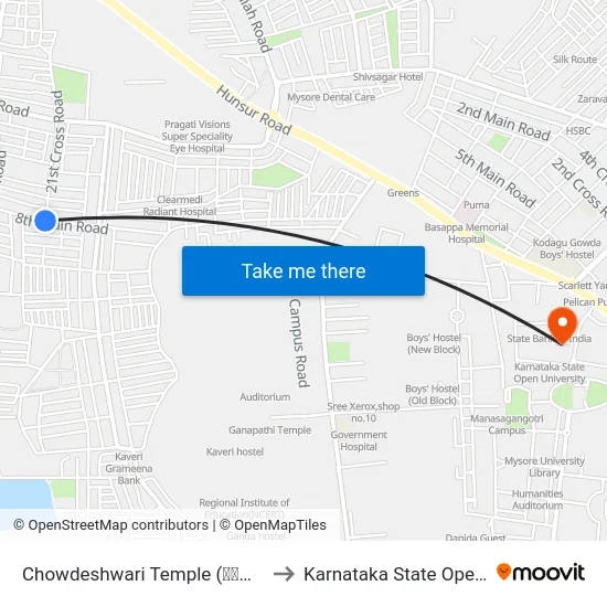 Chowdeshwari Temple (ಚೌಡೇಶ್ವರಿ ದೇವಸ್ಥಾನ) to Karnataka State Open University map