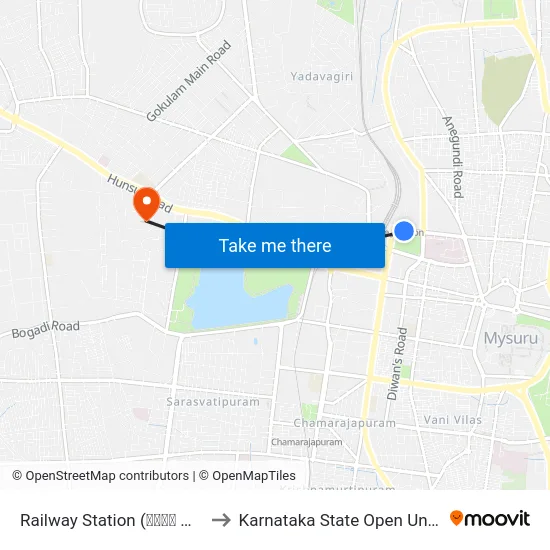 Railway Station (ರೈಲು ನಿಲ್ದಾಣ) to Karnataka State Open University map