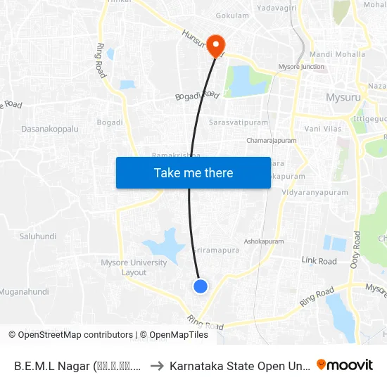 B.E.M.L Nagar (ಬಿ.ಇ.ಎಂ.ಎಲ್ ನಗರ) to Karnataka State Open University map