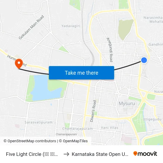 Five Light Circle (ಫೈ ಲೈಟ್ ವೃತ್ತ) to Karnataka State Open University map