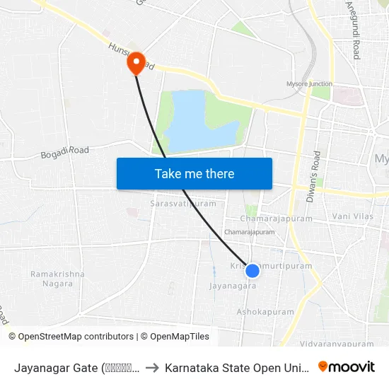 Jayanagar Gate (ಜಯನಗರ ಗೇಟ್) to Karnataka State Open University map