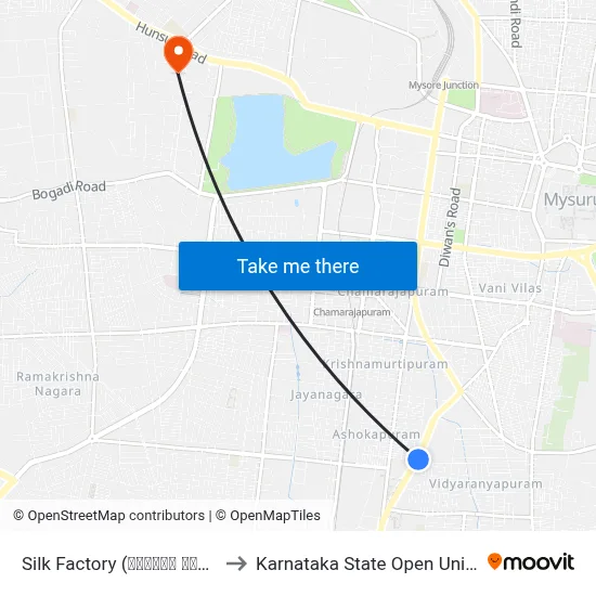 Silk Factory (ರೇಷ್ಮೆ ಕಾರ್ಖಾನೆ) to Karnataka State Open University map