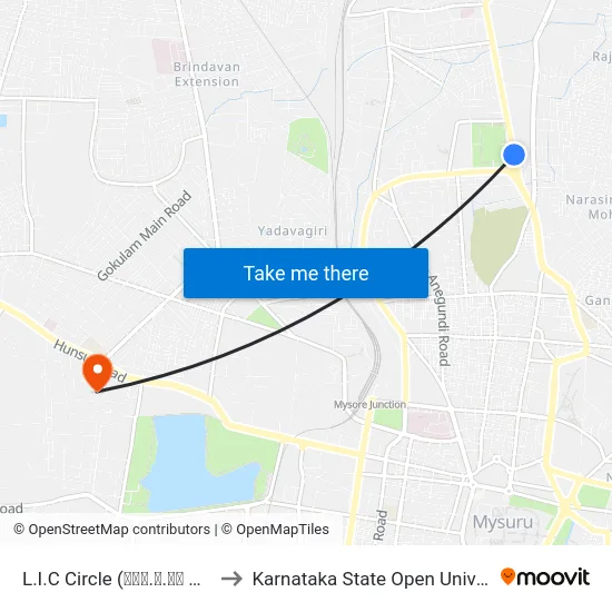L.I.C Circle (ಎಲ್.ಐ.ಸಿ ವೃತ್ತ) to Karnataka State Open University map
