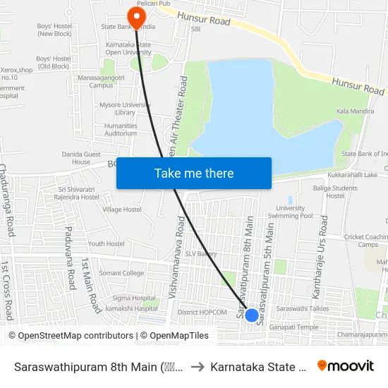 Saraswathipuram 8th Main (ಸರಸ್ವತಿಪುರಂ 8ನೇ ಮುಖ್ಯರಸ್ತೆ) to Karnataka State Open University map