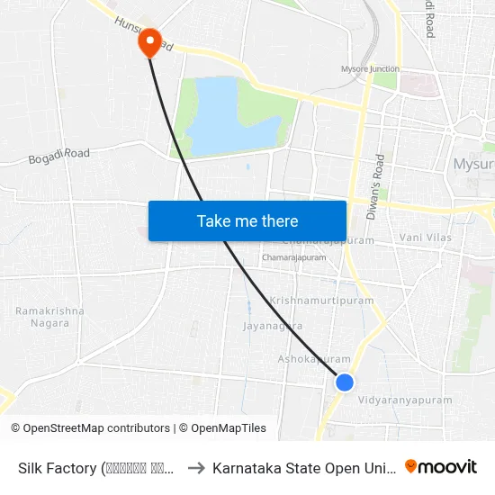 Silk Factory (ರೇಷ್ಮೆ ಕಾರ್ಖಾನೆ) to Karnataka State Open University map