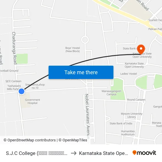 S.J.C College (ಶ್ರೀ ಜಯಚಾಮರಾಜೇಂದ್ರ ಕಾಲೇಜು) to Karnataka State Open University map