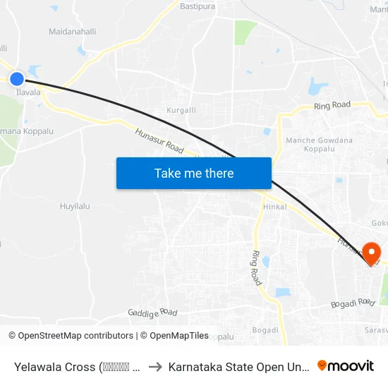 Yelawala Cross (ಇಲವಾಲ ಕ್ರಾಸ್) to Karnataka State Open University map
