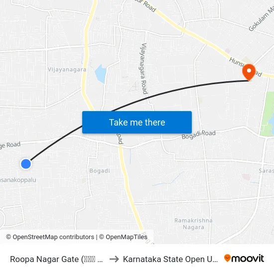 Roopa Nagar Gate (ರೂಪ ನಗರ ಗೇಟ್) to Karnataka State Open University map