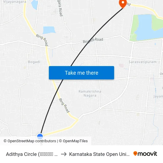 Adithya Circle (ಆದಿತ್ಯ ವೃತ್ತ) to Karnataka State Open University map