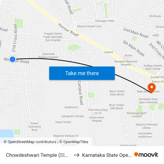 Chowdeshwari Temple (ಚೌಡೇಶ್ವರಿ ದೇವಸ್ಥಾನ) to Karnataka State Open University map