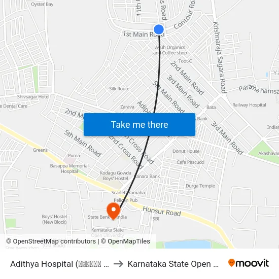 Adithya Hospital (ಆದಿತ್ಯ ಆಸ್ಪತ್ರೆ) to Karnataka State Open University map